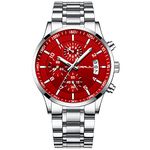 CRRJU Men's Fashion Stainless Steel Watches Date Waterproof Chronograph Wristwatches,Stainsteel Steel Band Waterproof Watch, silver red, Chronograph,Chronographs