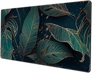 Desk Pad, Green Gold Palm Leaves Extended Gaming Mouse Pad Cute Large Desk Mat, Non-Slip Rubber Base Mousepad with Stitched Edges, Keyboard Mouse Mat Desk Pad for Game Office Home 31.5x15.75 in