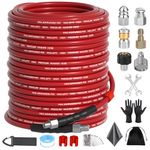Sewer Jetter Kit 150FT for Pressure Washer, 5800 PSI Drain Cleaner Hose 1/4 Inch NPT with Spray Nozzle, Button Nose and Rotating Sewer Jetting Nozzle, Spanner Teflon Tape Pearl Corsage Pin