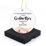 Godmother Thank You for Being Mine Christmas Ornament 2023 Round Christmas Tree Ornaments Keepsake Gifts for Family Lovers Friend Home Decor Flat Circle Ceramic Ornament 3" with a Gift Box