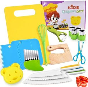 Kids Safe Knife Set, IGGDOQI 17 Pcs Wooden Safety Knives for Real Cooking Toddler Knife Set Include 4 Toddler Knives with Serrated Edges, Cutting Boards, Crinkle Cutter, Peeler and Wooden Safe Knife