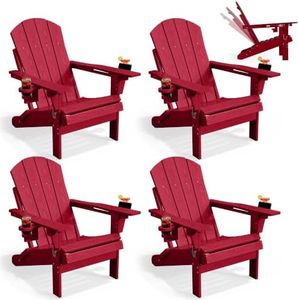 PLUUV Adjustable Folding Adirondack Chair Set of 4, Reclining Patio Chair with Dual Cup Holders, Heavy Duty 350 LBS, All-Weather HDPE Outdoor Lounge Chair for Lawn, Garden, Deck, Fire Pit, Red