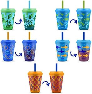 Ello Kids Plastic Reusable Color Changing Cups with Twist on Splash-Proof Lids and Straw, BPA Free, Dishwasher Safe, 12oz, Rainforest, 5 Pack