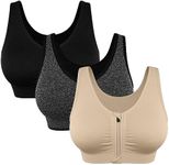 Women's Zip Front Sports Bra Wireless Post-Surgery Bra Active Yoga Sports Bras, U Back-black/Beige/Grey, M