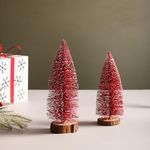 CORALTREE Resin Desk Red Sparkling Christmas Tree Table Top For X-mas Decoration | Christmas Tree Tabletop Snow Frosted Trees with Wood Base for Christmas Party Home Decoration (Set of 2 | Colour-Red)