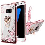 KuDiNi for Samsung Galaxy S7 Edge Case, Galaxy S7 Edge Phone Case for Women Glitter Crystal Soft Bling Cute Butterfly Heart Floral Clear Protective Cover with Kickstand+Strap for S7 Edge (Rose Gold)