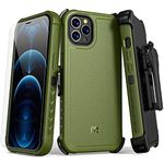 MYBAT Pro Shockproof Maverick Series Case for iPhone 12 / 12 Pro 6.1" with Belt Clip Holster and Tempered Glass, Heavy Duty Military Grade Drop Protective Case with 360° Rotating Kickstand, Army Green