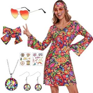 ATAMET 70's Women Costumes Hippie Dress, 1970s Outfits Accessories Set, 60s 70s Disco Prom Dress, Carnival Halloween Costumes (Retro Power Flowers, Large)