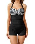 Tempt Me Women Tummy Control One Piece Swimsuits with Shorts Boyleg Retro Bathing Suit Halter Swimwear, Black Stripe, Medium