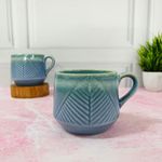 THEARTISANEMPORIUM ICY Blue Leaf Embossed Ceramic Coffee Mug Set of 2, Ceramic Mugs for Coffee, Tea, Milk (2 Pieces, 330ml, Microwave Safe)