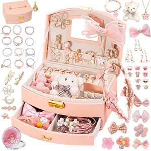 velachuan Princess Jewelry Box for Girls with Hair Accessories,Girls Hair Clips Bows Set, Fashion Hair Styling Kit with Mirror,Pink Sparkle Trinket Box Includes Hair Clips