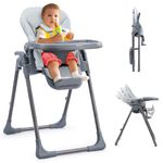 Ezebaby Baby Highchair, Foldable and Adjustable Baby Chair, 6 Height Settings, 4 Recline Positions, 3 Tray Positions, Adjust Footrest, Portable High Chair for Baby and Toddler (Grey)