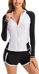 FEOYA Womens Long Sleeve Two Piece Swimsuits Sun Protection Zip Front Swim Shirt with Shorts Built in Bra Black + White L