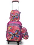 Butterfly Rolling Backpack for Girls, 17-Inch Wheeled School Bag with Pencil Case, Detachable Kids Trolley Roller Bookbag for Elementary, Travel & School, Durable Polyester Trolley Luggage for Kids