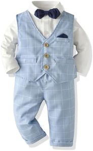 Volunboy Trajes para Bebé Niños de Boda, Bautizo Conjunto de Chaleco, Camisa, Pantalón, Pajarita（9-12 meses，Azul Cuadros，Tamaño 70）
