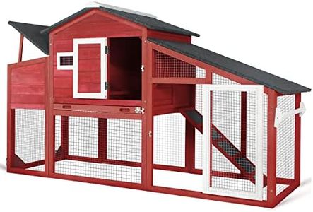 PetsCosset Chicken Coop Wooden Backyard Hen House - Indoor Outdoor for 2-3 Chickens, 2 Story Poultry Cage with Run, Chicken Nesting Box, Pull Out Trays and Anti-Slip Asphalt Ramp