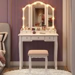 Longtesun Makeup Vanity Set Teen Vantity Set White Vanity Desk with Mirror and Lights Vanity Table with Lights Makeup Vanity with Lights Vanity Mirror with Lights Desk and Chair Makeup Vanity Table