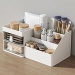 White Desk Makeup Organizer with Drawer,Office Desktop Storage Box,Cosmetic Brush Holder Mini Desk Organizer for Office Supplies,Vanity, Bathroom and Bedroom Desk