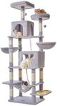 Taoqimiao 76-Inch Cat Tree Cat Tower for Indoor Cats, Plush Multi-Level Cat Condo with 12 Scratching Posts, 2 Perches, 2 Caves, Hammock, 2 Pompoms MS016W Light Gray