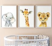 Safari Animals Set of 3 Baby Girl or Boy Nursery Unframed Prints, Bedroom Decor Wall Art Posters, Elephant Giraffe Lion (A4)