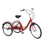 WSIKGHU Tricycle Bike for Adults 24 Inch Adult Tricycle 6 Speed 3 Wheel Bike Seniors Shopping Cargo Tricycle with Shopping Basket Tricycle for Adults Elderly Tricycle Red (155-185CM,110KG)