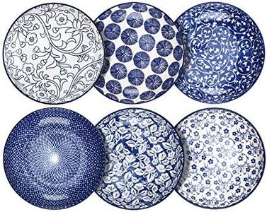 Selamica Porcelain Salad Pasta Bowls, Serving Bowls, Microwave & Dishwasher Safe, Sturdy & Stackable - 26 Ounce, Set of 6, Vintage Blue