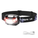 Lepro LED Headlamp Rechargeable, Super Bright Head Torch with Red Light & 5 Modes, Waterproof & Adjustable Headlight, Gear Essentials for Camping, Running, Hiking, Emergency (USB Cable Included)