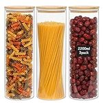 HYCKee 2200ML 3 Pack Glass Spaghetti Pasta Storage Jars, Cereal Biscuit Rice Flour Sugar Food Storage Jars Kitchen Pantry Canisters Set, Large Glass Jars with Lids & Labels