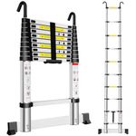 Exleiter Extendable Telescopic Ladder 2.9M, Aluminium Telescoping Ladder with Detachable Hooks and Stabiliser Bar, Adjustable Height Portable Sturdy Loft Ladder Secure Climbing for Home