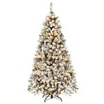COSTWAY 4.5FT/6FT Flocked Christmas Tree, Pre-Lit Artificial Decoration Tree with 295/600 PVC Branch Tips and 150/250 LED Lights, Hinged Holiday Celebration Tree for Home, School and Carnival (6FT)
