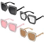 BBTO 4 Pairs Oversized Rhinestone Sunglasses Square Bling Glasses Sun Glasses Thick Frame Crystal Festival Glasses Unisex for Men Women Costume Fancy Dress Accessories, Black, White, Pink, Tan