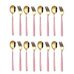 YELONA Set of 16 Premium Gold Titanium Plated Stainless Steel Cutlery, Flatware & Tableware (Contains: 8 Master Spoons, 8 Master Forks) - (Golden & Fucia Pink)