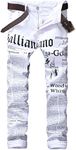 Mens American USA Flag Printed Washed Jeans Pants White Fit Trousers (30, White-B)