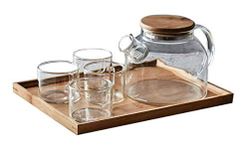 Saaikee Heat-Resistant Glass Tea Hot Water Bottle 1 Teapot with Wooden Lid, 4 Cups and 1 Tray