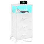 Somdot White Nightstand with Charging Station and LED Light for Bedroom, Tall 3 Drawers Nightstand with Fabric Bin for Bedside Laundry Closet Entryway Hallway, White Leather