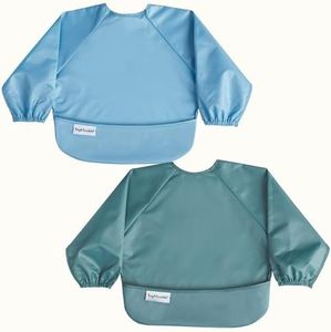 Tiny Twinkle Long Sleeve Bib for Babies & Toddlers – 2 Pack Waterproof Smock Bibs for Eating – Machine Washable & Mess-Proof, Baby Feeding Essential & Shower Must-Have (Slate Olive,2-4Y)