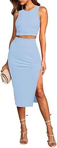 HUUSA Women's 2 Piece Skirt Sets Elegant Bodycon Midi Dress Fall Sleeveless Tank Shirt Tops High Waist Under Knee Length Slit Dress Outfits Light Blue S