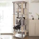 Purrway Multilevel Fur Fabric Cat Tree - Ladder | Hanging Ball | Large Condo | Jute Rope Scratching Posts | for Adult Cats & Kittens (Height 75 Inch) (Grey - FURR-93)