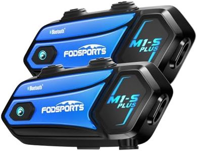 FODSPORTS M1-S Plus Motorcycle Bluetooth Headset with Music Sharing, One-Click Pairing, Microphone Mute, FM, Helmet Intercom up to 8 Riders with Noise Cancellation, Wonderful Sound, Blue, 2 Pack