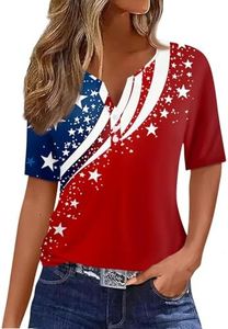 4th of July T Shirt Short Sleeve Summer Tops Womens Plus Size V Neck Independence Day Outfits Button 4th of July Outfits Red XL