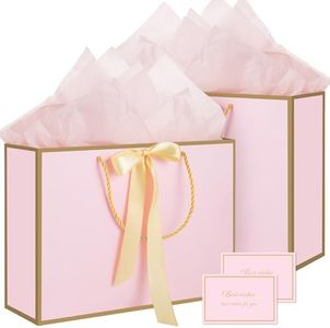 woric Pink Gift Bags with Handles, 14" Medium Gift Bags with Tissue Paper, 2 Pcs Pink Bags with 4 Tissue Paper and 2 Cards for Baby Shower Wedding Bridal Shower Graduation Birthday Party