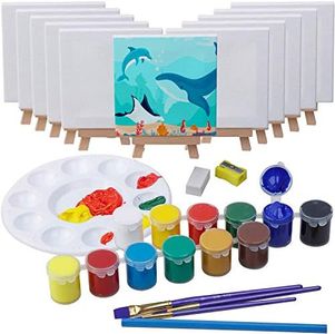 MEEDEN 43-Piece Acrylic Painting Set, 12 Beech Wood Mini Tabletop Easels and 12 Stretched Canvas, 12×16ML Acrylic Paint Set, 3 Paintbrushes and other Painting Supplies, Painting Kit for Kids, Students