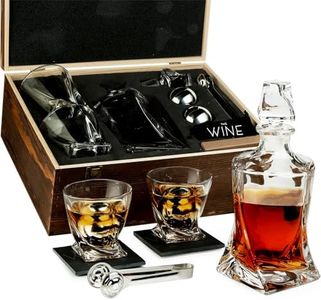 Whiskey Stones & Decanter Gift Set for Men & Women, By The Wine Savant, 2 XL Stainless Steel Whiskey Balls, 2 Twist Glasses, Whiskey Decanter, 2 Coasters, Freezer Pouch & Special Tongs in Pinewood Box