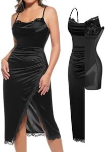 Popilush Midi Corset Dress Women's Midi Satin Ruched Slip Dress Black Classy Shapewear Dresses with Built in Lace Bra