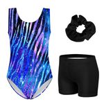 ACOCOPY Leotards for Gymnastics Girls Blue Striped Tumbling Outfits One-piece Sleeveless Unitards with Shorts Size 10-11