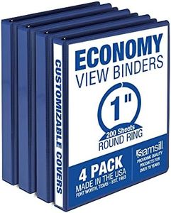 Samsill Economy 1 Inch 3 Ring Binder, Made in The USA, Round Ring Binder, Customizable Clear View Cover, Blue, 4 Pack (MP48532)