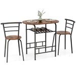 GiantexUK 3-Piece Dining Table Set, Metal Frame Kitchen Table Set with Storage Shelf, 2 Chairs, Compact Breakfast Bar Table Set for Home Kitchen Living Room Apartment Office (Brown + Black)