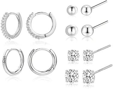 Sterling Silver Stud Earrings Set for Women Hypoallergenic White Gold Plated Silver CZ Ball Stud Earrings and Hoops Studs Cartilage Earing for Women （6 Pairs）