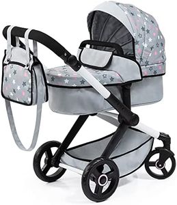 Bayer Design Dolls: Pram Xeo - Grey, Pink, Stars - Includes Shoulder Bag, Fits Dolls Up to 18', Convertible to A Pushchair, Adjustable Handle & Swivel Front Wheels, Accessory for -Plush Toys, Ages 3+