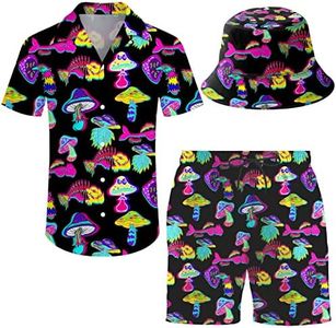 ifamawlea Men'S 2 Piece Tracksuit Hawaiian Shirt Shorts Button Down Shirt And Shorts Sets With Bucket Hats, Trippy Magic Mushroom Fish, Large